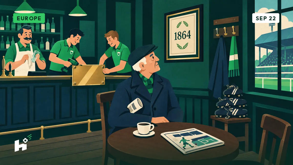 Marcel seated in an old pub beside a stadium as workers screw a brass plaque onto the bar counter.
