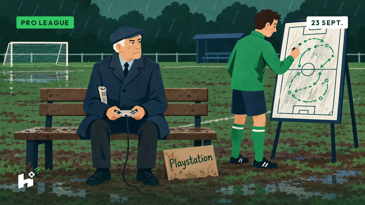 Marcel, assis sur un banc de bois au bord d'un terrain boueux, tient une manette de jeu reliée à rien, tandis qu'un joueur redessine sans fin la même consigne sur un tableau effacé par la pluie.