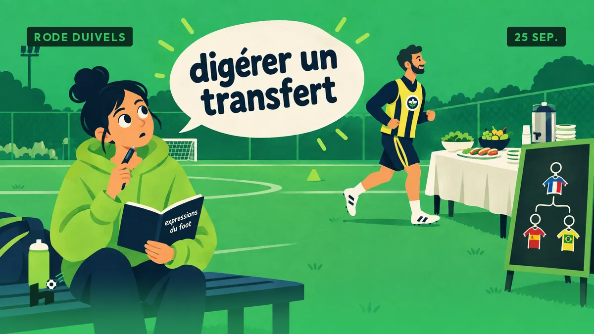 Louise kijkt met haar notitieboekje naar een grote tekstbubbel 'transfer verteren' boven een speler die traint naast een onaangeroerd buffet.