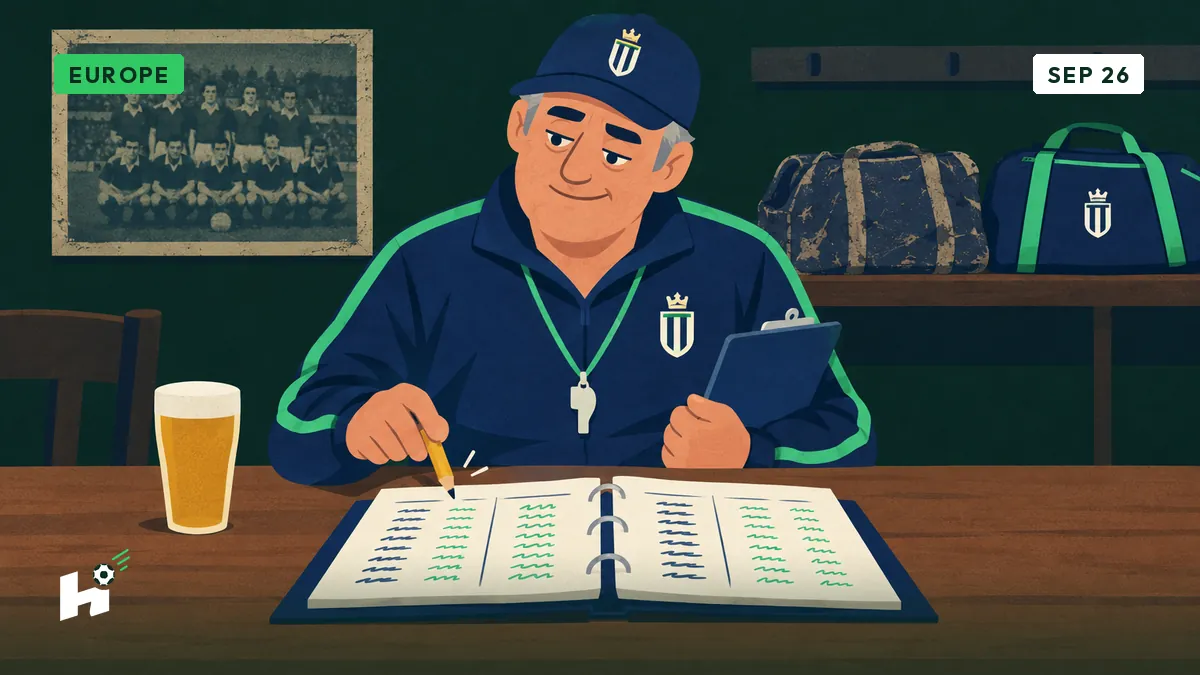 Freddy compares two salary columns in his open binder at the clubhouse, with an old and a new sports bag in the background.