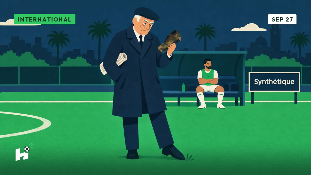 Marcel inspects a pristine synthetic pitch holding an old muddy boot, a rested player sitting on the bench behind him.