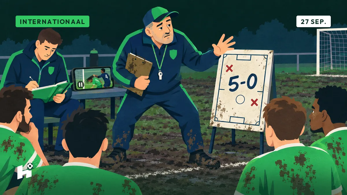 Freddy geeft commentaar bij een bord '5-0' over een wedstrijd met twee rode kaarten voor haartrekken.