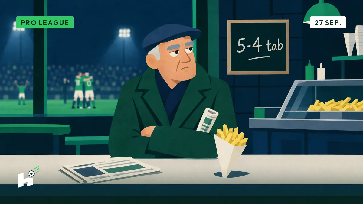 Marcel zit bij een frituur en kijkt naar een bord met de penaltyscore, onaangedaan door het feest in de verte.