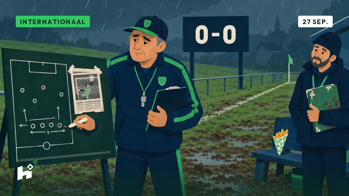 Freddy, entraîneur de P3, dessine un bloc bas sur un tableau, à côté d'une coupure de presse d'un gardien du Mondial.