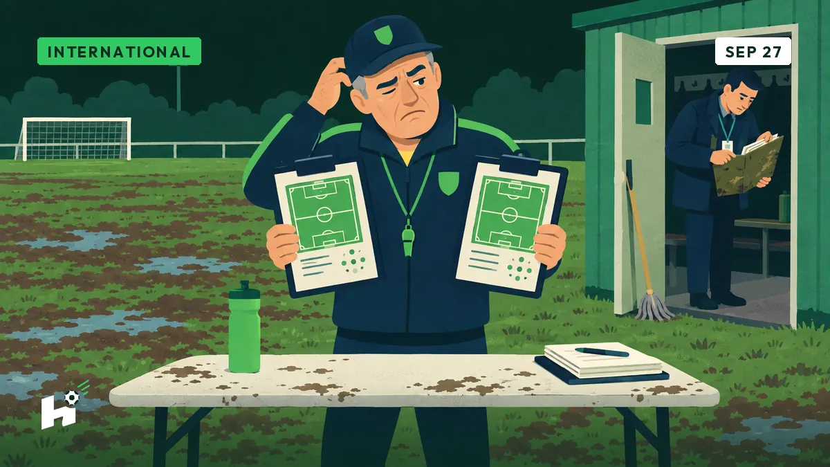 Freddy compares two identical team sheets, unable to choose, beside a prefab locker room in Hainaut.