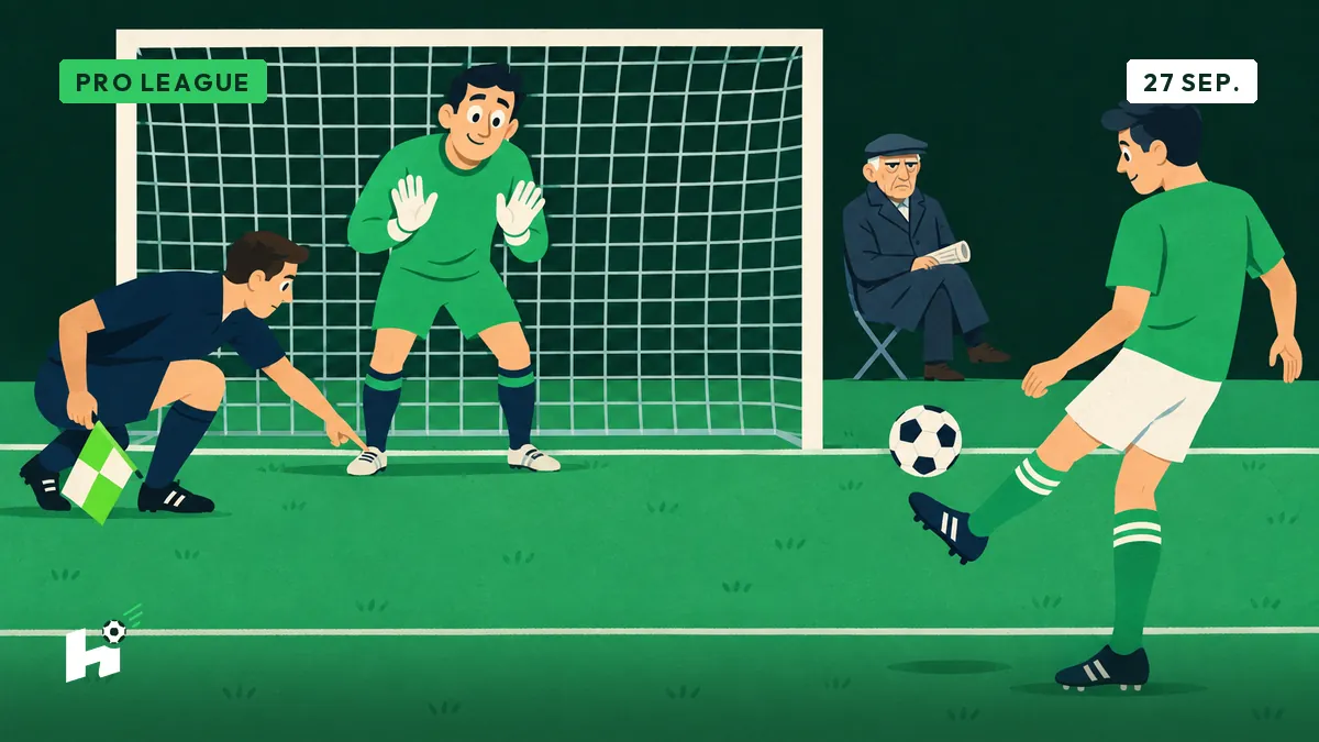 Een over te nemen strafschop eindigt in gestopte panenka, Marcel bekijkt de doellijn