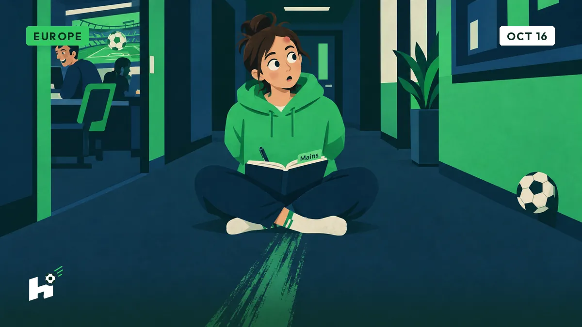 Louise, an intern, sits in socks in a hallway, hands behind her back, notebook open, after a failed slide.