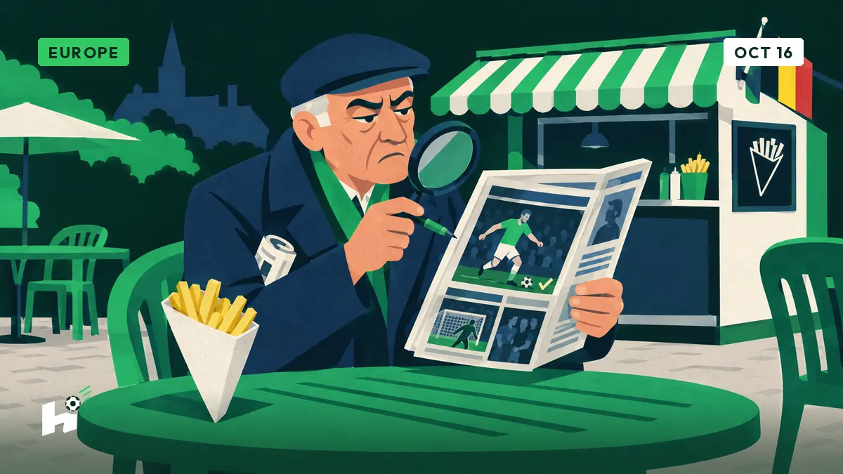 Marcel sits alone at a friterie table, scanning his football weekly with a magnifying glass, finding nothing to criticize.