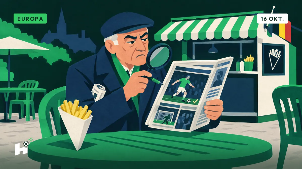 Marcel zit alleen aan een tafeltje bij een frituur en bekijkt zijn voetbalweekblad met een loep, zonder iets te vinden om te bekritiseren.
