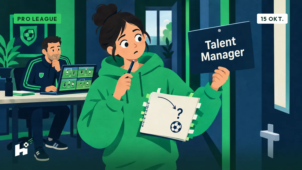 Louise, carnet à onglets en main, regarde perplexe la porte d'un bureau « Talent Manager » où un ancien joueur suit des matchs de jeunes.