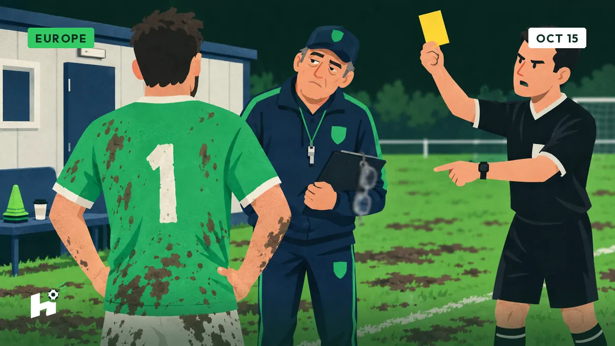 Freddy, an amateur coach, studies his striker from behind, whose shirt 9 lost its loop and looks like a 1, on a sloping pitch.