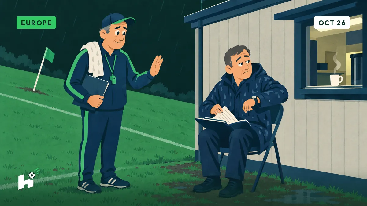 Freddy, carnet en main, attend la réponse d'un délégué qui consulte sa montre, sa farde puis la buvette, au bord d'un terrain en pente.