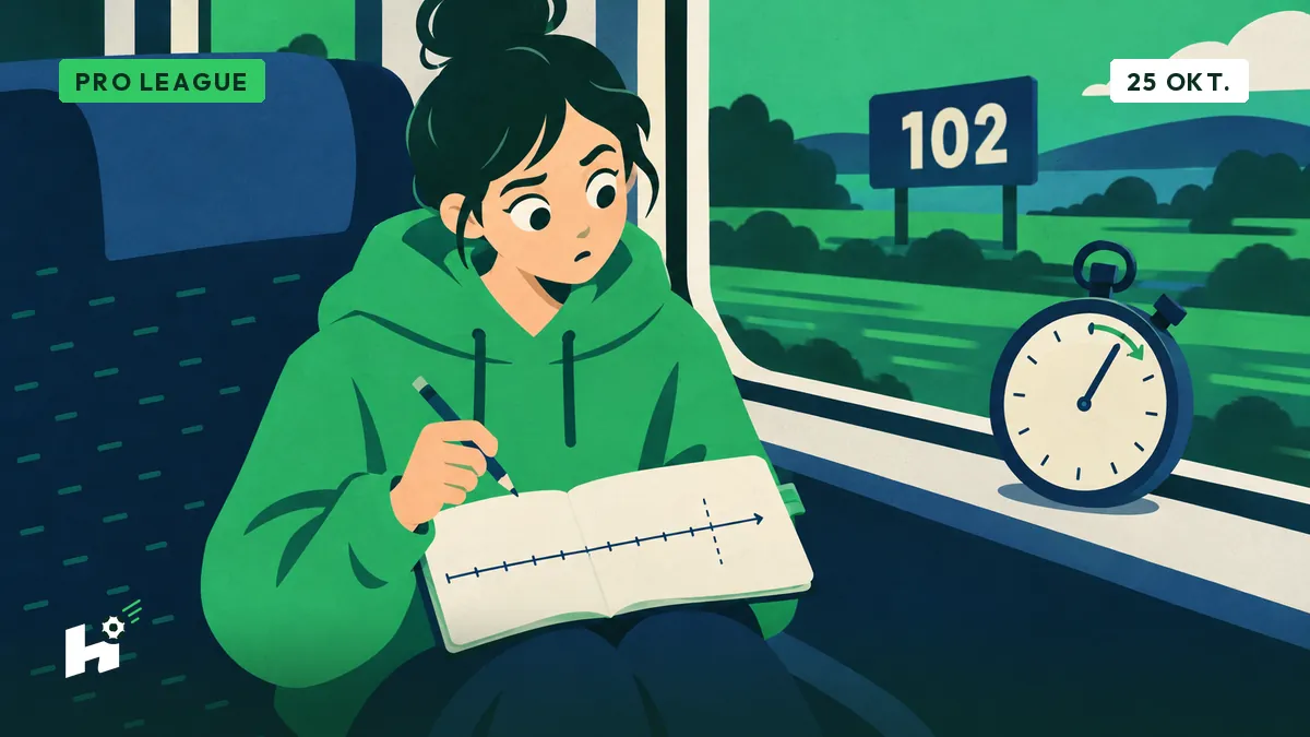 Louise zit in de trein en fronst naar haar notitieboekje, waar een tijdlijn voorbij het einde van de wedstrijd loopt, naast een stopwatch.