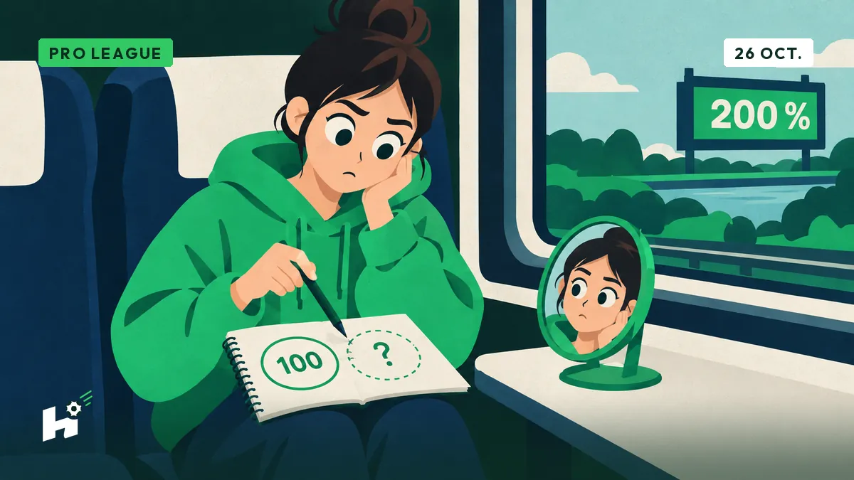 Louise, carnet ouvert dans un train, fronce les sourcils devant un grand cercle « 100 » et un second cercle vide en pointillés.