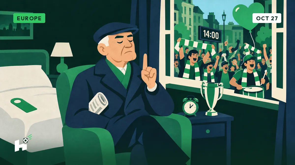 Marcel sits in a hotel room armchair raising a hand for silence while fans sing in the street below the open window.