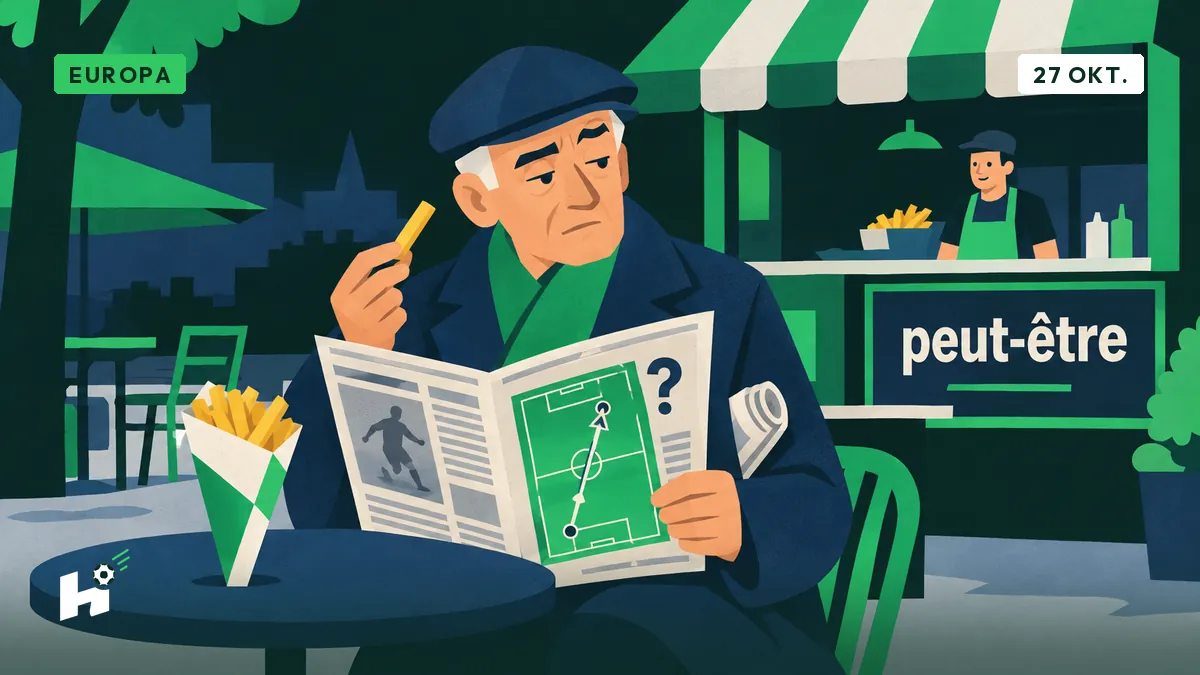 Marcel zit alleen bij de frituur en leest zijn voetbalweekblad, waar een pijl een centrale verdediger helemaal naar de spitspositie stuurt.
