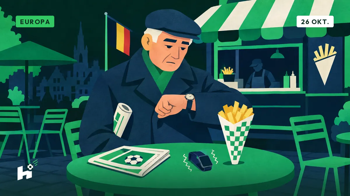 Marcel zit aan een tafeltje bij een frituur en staart naar zijn oude, stille horloge, terwijl een smartwatch ernaast trilt.