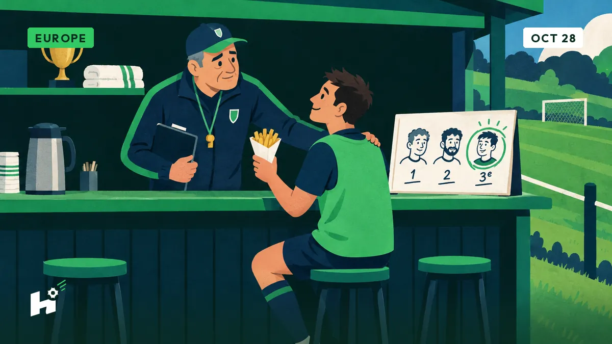 Freddy, an amateur coach, hands a cone of fries to a player in a bib at a clubhouse bar, with a trophy and a towel on the shelf behind him.