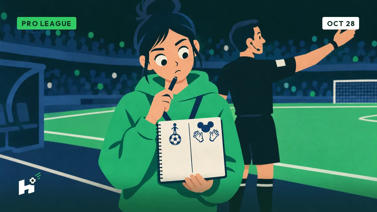 Louise holds a notebook with two columns: a figure standing on a ball, and hands making Mickey ears, looking puzzled.