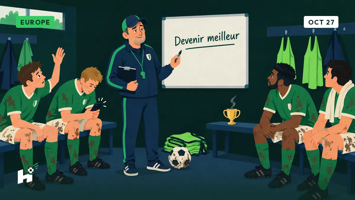 Freddy, entraîneur amateur, note une ligne au tableau du vestiaire devant ses joueurs perplexes, un GSM qui vibre sur le banc.