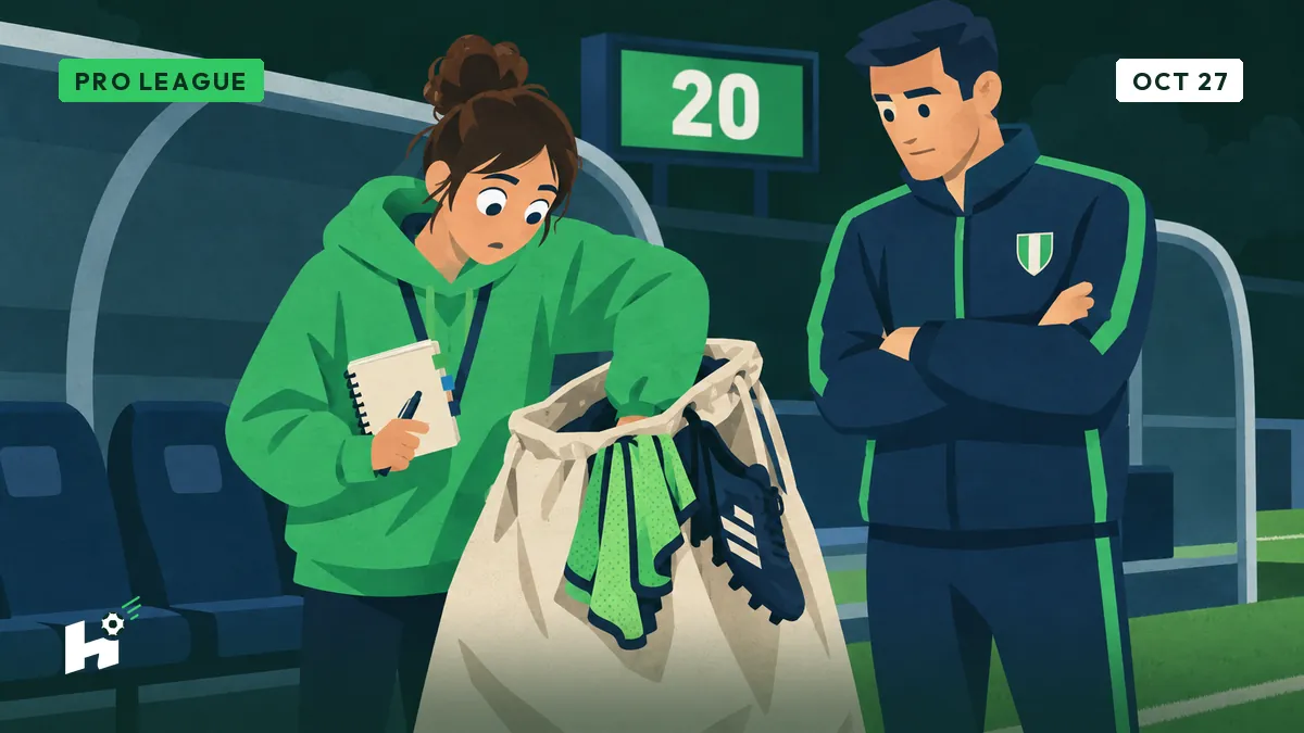 Louise, notebook in hand, reaches into a large cloth sack with bibs sticking out while a coach watches beside her.