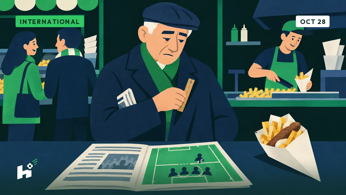 At a chip shop, Marcel puts away his wooden ruler beside an open paper showing an offside diagram and a cone of fries.