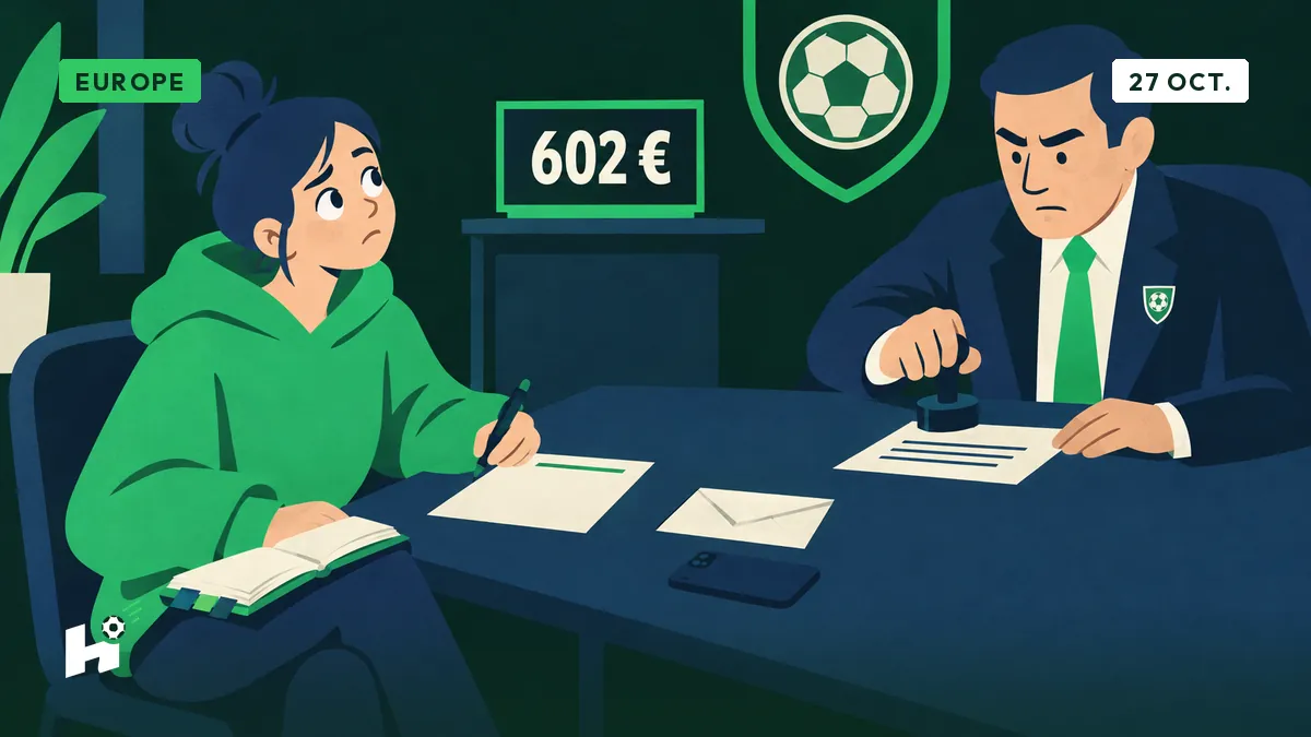 Louise, carnet à onglets ouvert, hésite devant une feuille blanche face à un employé qui tamponne un formulaire, enveloppe et téléphone sur la table.