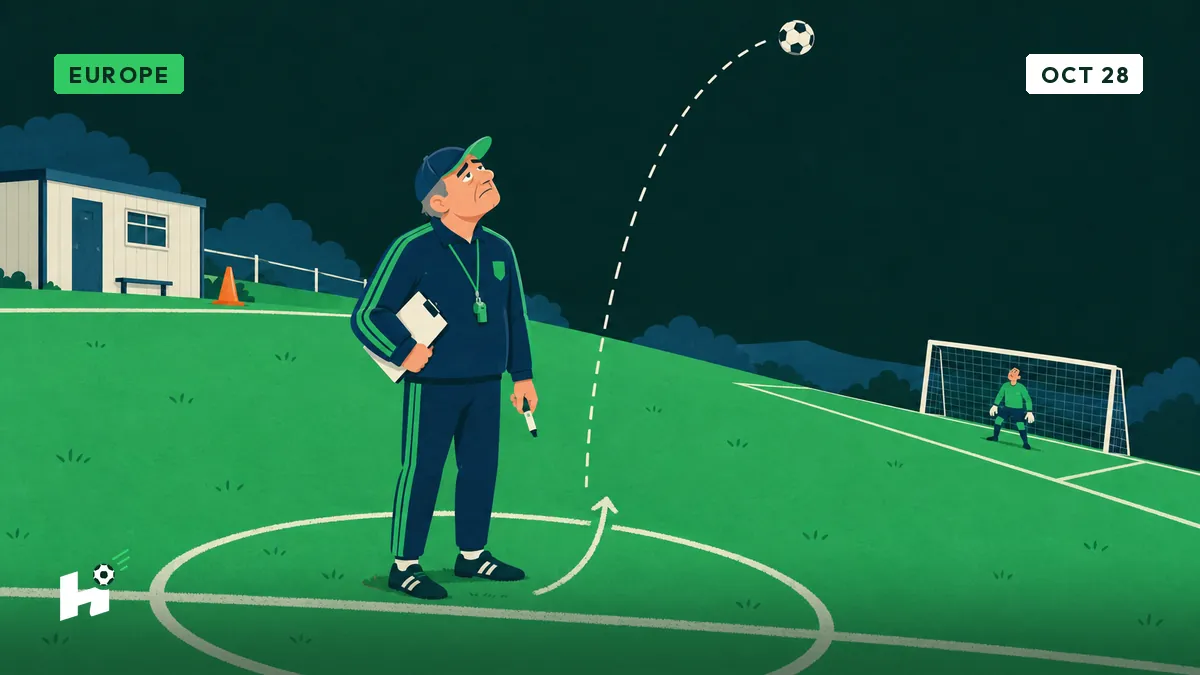 Freddy, clipboard under his arm, watches a ball lobbed from halfway on a sloping pitch while a distant goalkeeper looks up.