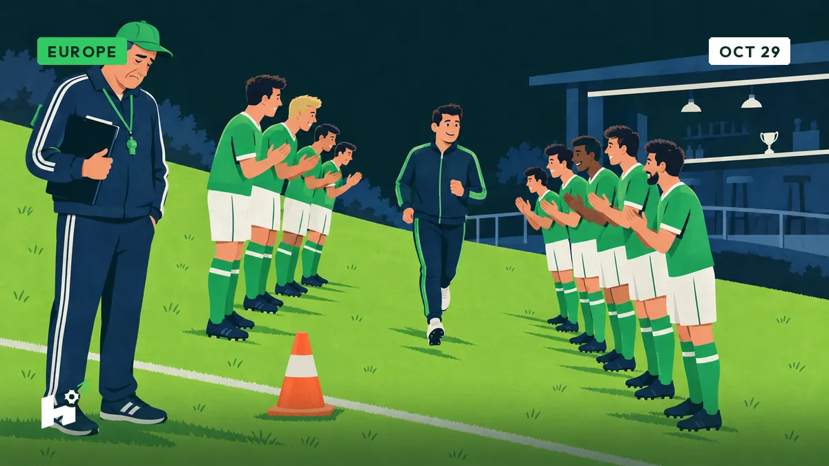 Freddy supervises a crooked guard of honour on a sloping pitch while a tracksuited player almost jogs down the line between the rows.