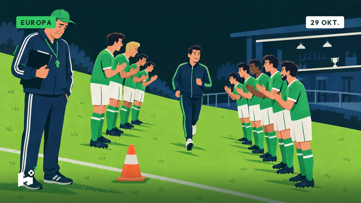 Freddy leidt een scheve erehaag op een hellend veld, een speler in trainingspak begint bijna naar beneden te rennen tussen de rijen.