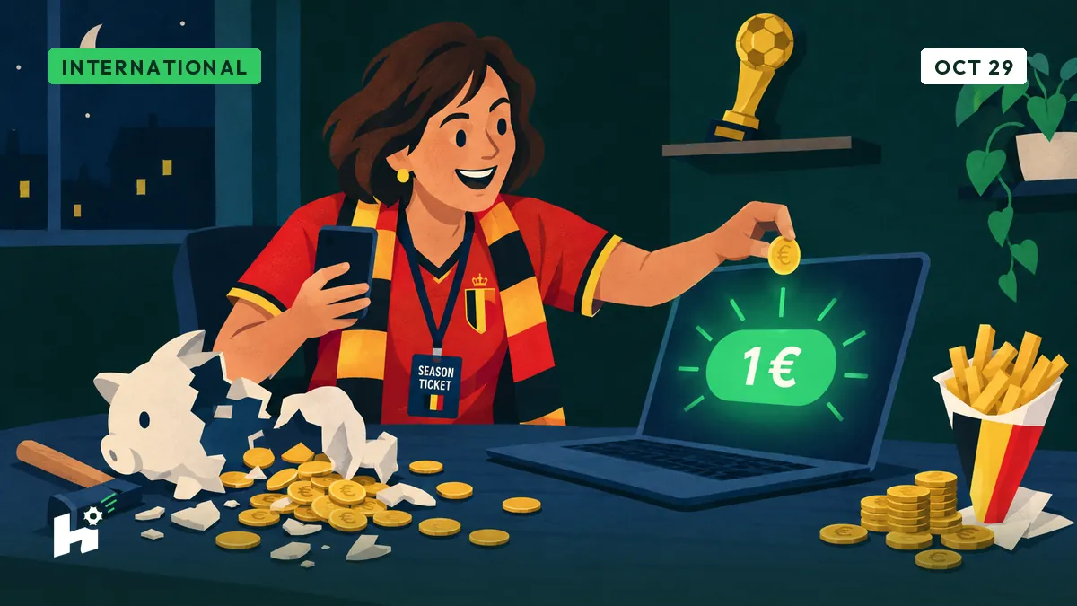 Nadine smashes her piggy bank with a hammer in front of her laptop, euro coins scattered on the table next to a cone of fries.