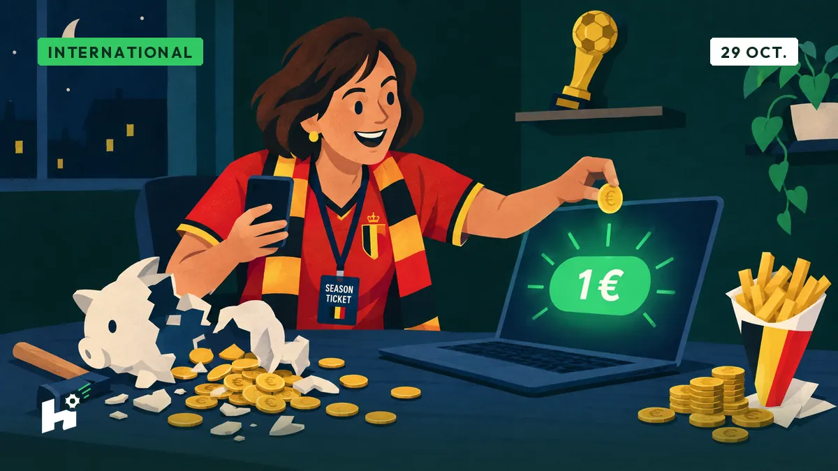 Nadine brise sa tirelire au marteau devant son ordinateur, des pièces d'un euro éparpillées sur la table près d'un cornet de frites.