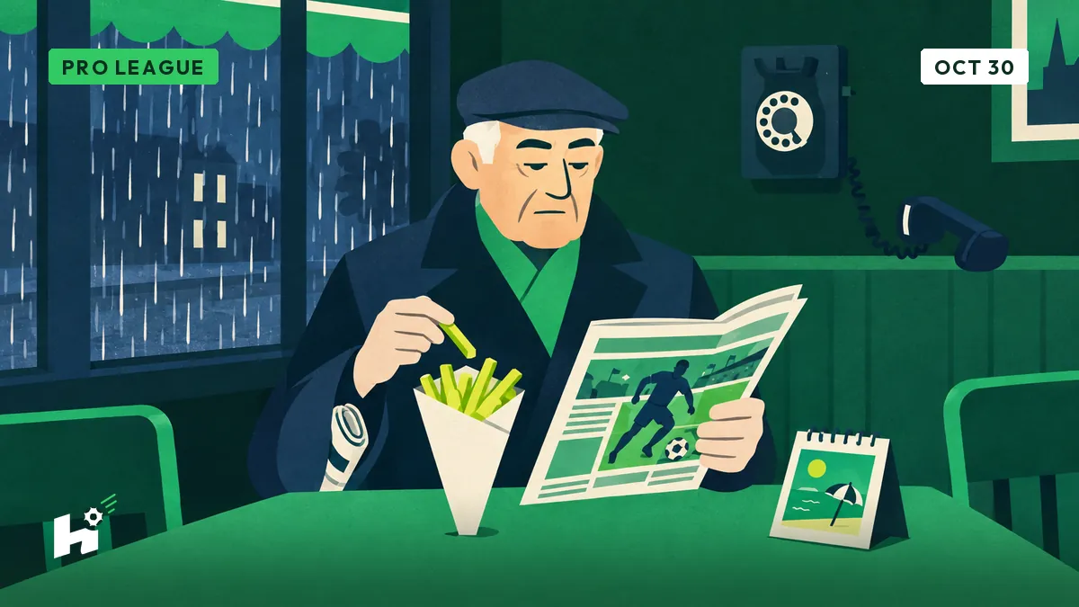 Marcel calmly reads his football weekly at a chip shop in the rain, a cone of fries in front of him and an old wall phone left off the hook.