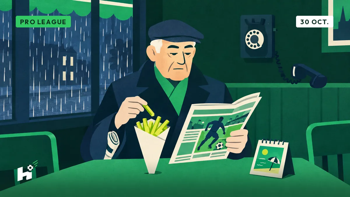 Marcel lit tranquillement son hebdomadaire de football à la friterie sous la pluie, un cornet de frites devant lui et un vieux téléphone mural décroché.