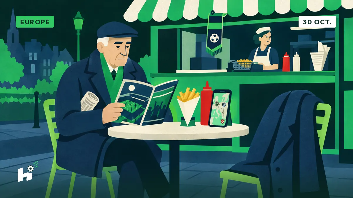 Marcel lit son hebdo de foot devant une friterie, un manteau de président posé sur la chaise vide en face de lui.
